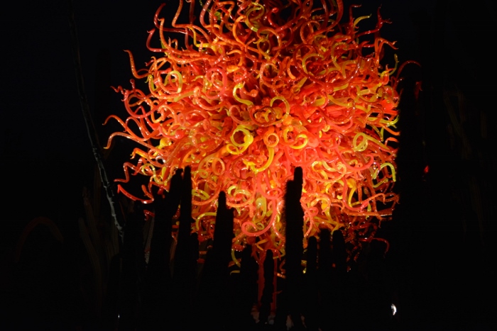 reds, oranges and yellow pieces of glass, night shot 